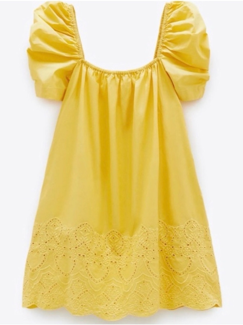 Zara Yellow Puff-Sleeve Eyelet Mini Dress